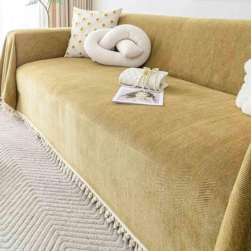 Racib Sofa Überwurfdecke rutschfest, Sofaüberwurf Decke Vielseitige, Couch Überwurf Sofa Überzug Mit Deko Quasten, Sofadecken Zum Abdecken Sofadecke Hund Waschbar,KhakiYellow-180×400cm