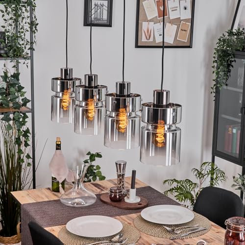 HOFSTEIN Hängeleuchte Hasvik, 4-flammige Hängelampe aus Metall/Glas in Schwarz/Chrom/Rauch, Retro/Vintage-Design (Ø 15 cm), E27, Pendelleuchte höhenverstellbar bis 150 cm, Esszimmer, Wohnzimmer, Küche