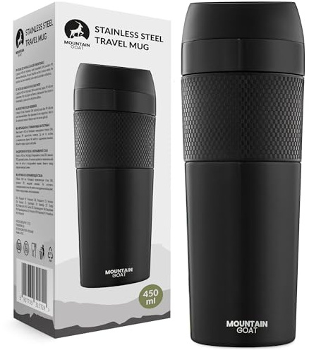 MOUNTAIN GOAT Thermobecher 450ml aus Edelstahl, Kaffeebecher To Go Auslaufsicher, Isolierbecher Hält 12h Heiß & Kalt, Autobecher Passend für Getränkehalter, Trinkbecher mit Einhandbedienung, Schwarz