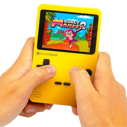 Silvergear® Consola Retro Portátil | Videoconsola Retro Arcade con 240 Juegos Clásicos en 6 Categorias | Mini Consola con Juegos Retro para Niños y Adultos | 12,5x8x2,3 cm | Amarillo