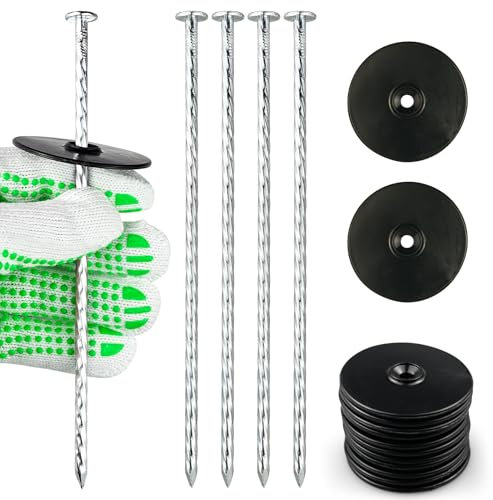 SZENSANG Verzinkt Erdanker mit 50 Stück Pufferscheibe, Anti-Rost Bodenanker Für Unkrautvlies, Kunstrasen, Zaun, Garten Heringe, Befestigung von Folien, 200mm Lang