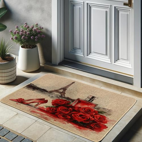 Elegante rote Rosen-Fußmatte, schickes High Heel & Parfüm-Design für Außen- und Inneneingang, Frühlingsdekoration, rutschfest, wasserdicht, staubabsorbierend, leicht zu reinigen, 73,2 x 43,2 cm