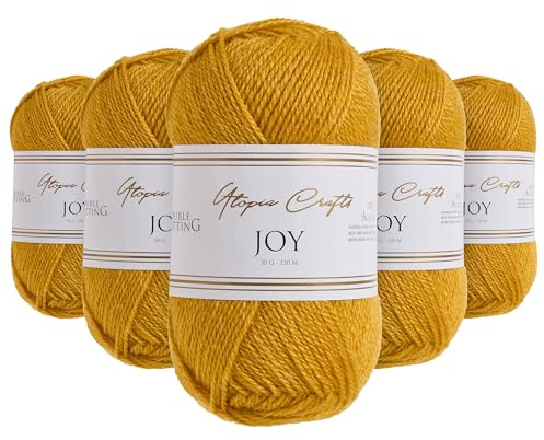 Utopia Crafts JOY, DK Acrylgarn 100% zum Stricken & Häkeln, Nadelstärke 4 mm, 5er-Pack à 50g, OEKO-TEX Standard 100, Mütze, Schal, Decke, Amigurumi, Senfgelb