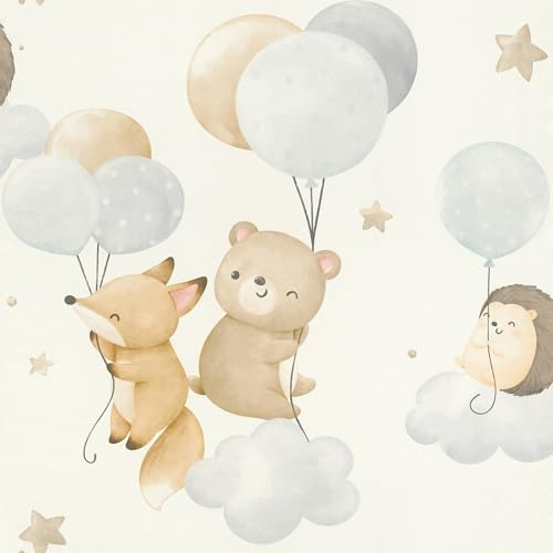 Rasch Kids World Collection 302127 Non-Woven Wallpaper with Animals and Balloons, Children's Wallpaper with Hedgehog, Bear and Fox in Pink and Beige