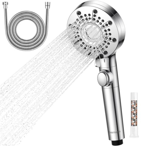 berssen Soffione Doccia Pulsante Stop Grande con Tubo 1.5m | Doccino per Doccia 5+1 Modalità di Spruzzo, Alta Pressurizzato, Universale