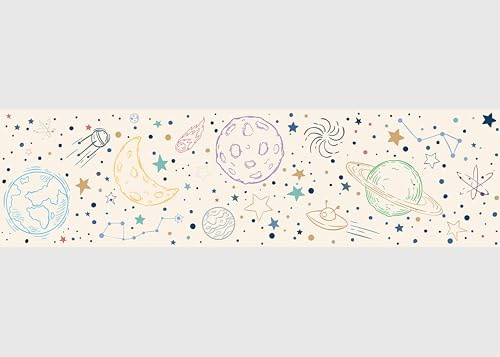 Selbstklebende Bordüre Beiger Gezeichneter Weltraum AG Design, AWBD 8534 | Wasserfest Kinderzimmer Wand Aufkleber Dekoration | Wandbordüre für Mädchen und Junge | Folie | Breite 500 cm x Höhe 13.8 cm