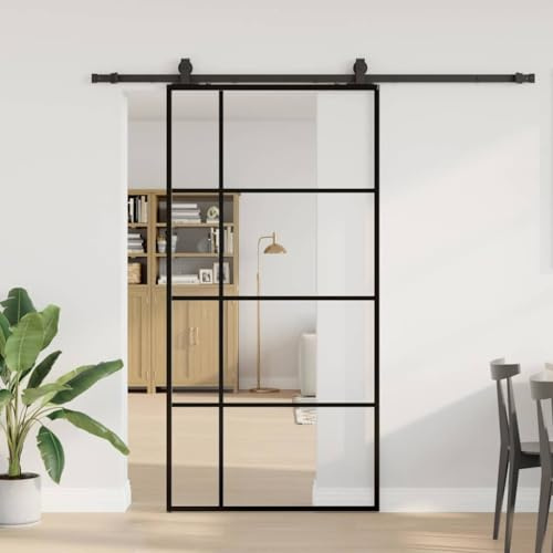 Schiebetür Holz Komplettset, Schiebetür mit Beschlag Schwarz 102,5x205 cm ESG-Glas Schiene Schiebetür für Wohnzimmer Badezimmer