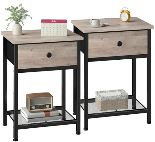 AMHANCIBLE Nachttisch 2er Set, Beistelltisch mit Stoffschubladen | Nachtschrank mit 2 Ablagen für Schlafzimmer, Wohnzimmer, Industriestil, 40 x 30 x 55 cm, Grau EHET03SDGY