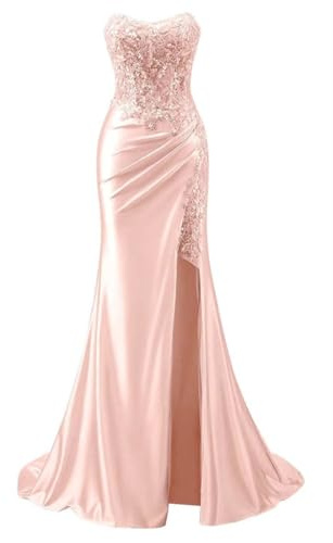 KIYNE Robe de soirée longue en satin avec fente en dentelle et appliques sirène pour femme, rose, 34