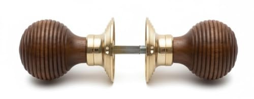 Harrington Marley Wooden Beehive Door Knob Set – Victorian Style, Pair of Premium Hardwood & Polished Brass Internal Handles – Brown Reeded Design