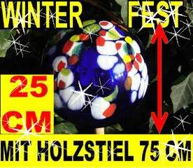 BTV Gartenkugel 25 cm gartenkugeln KOMPLETT MIT Holz-STIEL, Gartendeko FROSTSICHER, LICHTECHT und Winterfest, groß blau mit orange gelb rot weißen Tupfen Gartenkugeln Rosenkugel Stele