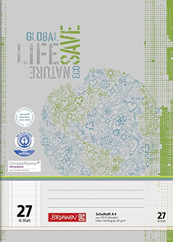 BRUNNEN Schulheft Recycling | A4, Lineatur 27, 16 Blatt, grün/grau