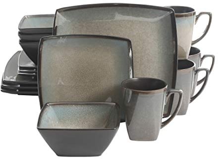 Gibson Elite Tequesta Stoneware Reactive Glaze Service de Table carré pour 4 Personnes (Lot de 16) Taupe