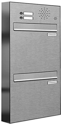 AL Briefkastensysteme 2er Briefkasten für Tür/Zaundurchwurf in V2A Edelstahl mit Klingel, 2 Fach, wetterfeste Premium Doppel-Briefkasten-Anlage modern