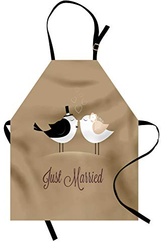 ABAKUHAUS Hochzeit Kochschürze, Just Married Vögel Kuss, Unisex-Küchenlätzchen mit verstellbarem Hals für Kochen Gartenarbeit, 67 cm x 80cm, Kakao Braun