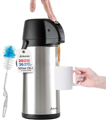 Asani Thermal Coffee Airpot Carafe (101oz) | 17-Cup Insulated Thermos with Pump Beverage Dispenser | 20-Hour Hot and Cold Insulation | Stainless Steel Urn for Tea, Water, Coffee, Iced Drinks