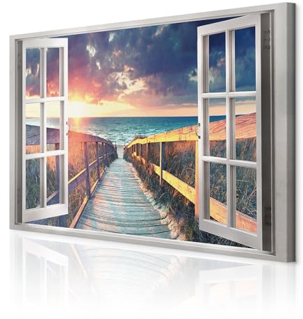 decomonkey Quadri Moderni Soggiorno Finestra Mare Vista, 1 pezzo, 60x40 cm | Tela strutturata su telaio in legno, decorazione da parete, paesaggio, spiaggia, tramonto, natura, cielo, blu