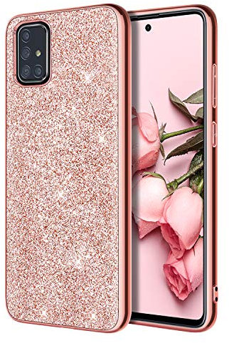 YINLAI Glitzer Schutzhülle für Samsung Galaxy A51, 6,5 Zoll, Schlank, Stoßfest und Flexibel, Rosa / Roségold