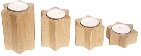 Hess Holzspielzeug 40044 - Teelichthalter in Sternenform, 4er Set, aus Holz, Natur, Dekoration für besondere Anlässe aus dem Erzgebirge