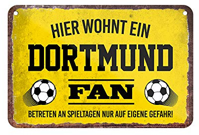 Blechschild Hier wohnt ein Dortmund Fan - Metallschild mit Kordel und Saugnapf - für Fans Ultras Anhänger - Wandbild Schild Artikel Zubehör - Hängeschild Haustür Eingang - Geschenkidee - 18x12cm