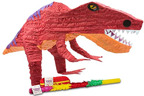 Trendario Pinata Dinosaurier Set, T-Rex Pinjatta + Stab + Augenmaske, Ideal zum Befüllen mit Süßigkeiten und Geschenken - Piñata Dino für Kindergeburtstag Spiel, Geschenkidee, Party, Hochzeit