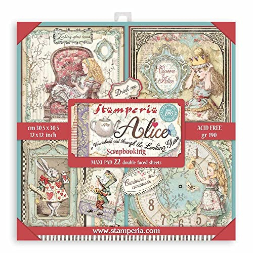 Stamperia SBBXL12 Pad-Double Sided Sheets Wonderland Scrapbooking-Block, doppelseitig, Motiv Alice im Wunderland & Through The Looking Glass, Papier, Verschieden, 12 x 12 cm, 3 Piece