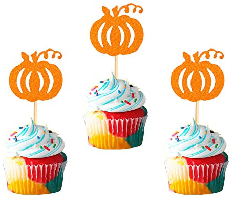 Arthsdite 24 Stück Kürbis-Cupcake-Topper Orange Glitzer Kürbis Cupcake Picks Herbst Thema Thanksgiving Halloween Kürbis Thema Geburtstag Babyparty Party Dekoration Supply