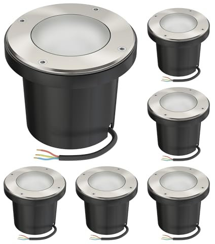ledscom.de 6 Stück Bodeneinbauleuchte BOFU für außen, IP67, schwenkbar, edelstahl, rund, 150mm Ø; inkl. GU10 LED 450lm warmweiß