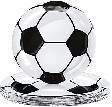 Football Party Paper Plates 7inch for Boys, 16P Black White Soccer Plates, Tableware for Kids Sports Game, World Cup 2022, Birthday Party Decoration Supplies