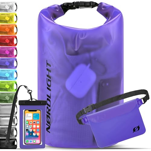 Nordlight wasserdichte Tasche 3er Set (Lila) - Dry Bag 10l + wasserdichte Handyhülle + wasserdichte Hüfttasche | IPX8 Schutz | Mit Verstellbaren Gurten Für Strand, Stand Up Paddling