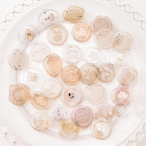 URROMA Clear Wax Seal Aufkleber, 54 Pcs Transparent Acryl Bernstein Floral Thema Umschlag Dichtungen Aufkleber Selbstklebende Stempel Aufkleber f黵 Weihnachten Hochzeit Einladungen Party Supplies
