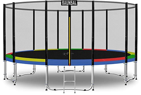 Baunsal® Trampolin Outdoor Ø 427 cm (EXD) bunt als Komplettset mit Federabdeckung, Sprungmatte, Netz und Leiter - Gartentrampolin Spielzeug für Kinder