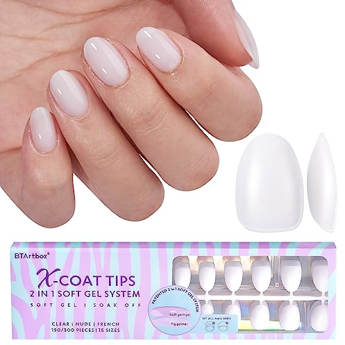 BTArtbox Extra Short Mandel Nageltips 150 Stück Soft Gel Full Cover Nail Tips, XCOATTIPS with Tip Primer Cover, White Press On Nails Nägel Tips für Nail Extensions Nail Art