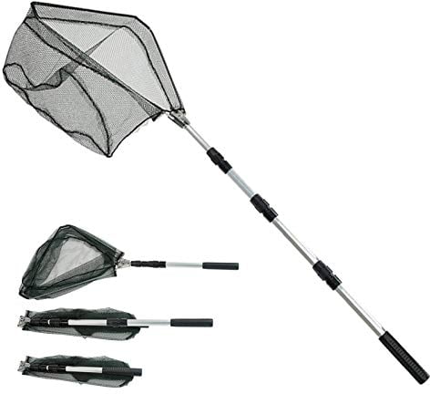 Telescopic Folding Fishing Landing Net, 1.9m Pole Collapsible Extensible Aluminum long Handle,Stainless Steel Triangular,For Bird Fish Catch,Aquarium,Ponds Floating Objects,Carp Trout (B) (Triangle)
