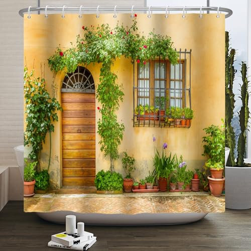 SDOTPMT 180x198cm Italien Landschaft Duschvorhang Veranda Grüne Pflanzen Blätter Blumentopf Bad Vorhang Europa Stadt Leben Badewanne Vorhang für Kinder Badezimmer Dekor Wasserdicht mit Haken