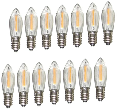 Erzgebirgslicht - AUSWAHL - 14 Stück LED Filament Topkerze 14-55 V 0,1 W für INNEN, für 4-16 Brennstellen E10 Riffelkerze Ersatzbirne Glühbirne Glühlämpchen für Lichterketten Pyramide Schwibbogen