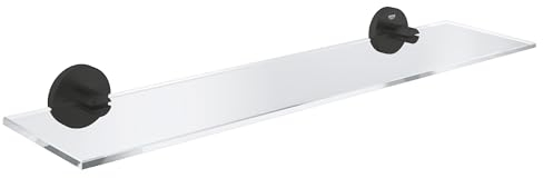 GROHE Start, Glasablage ohne Bohren (vielseitig einsetzbar im Bad, 53cm breit (Bohrabstand 28cm), zum Kleben oder Bohren, mit Schrauben & Dübel, ohne Kleber), rund, schwarz, 412022430