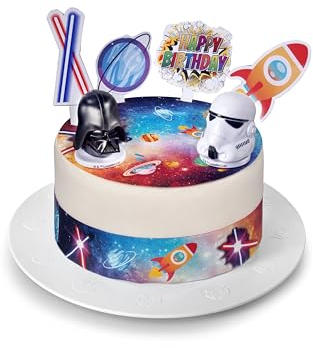 Kardasis Star Wars dessus de gâteau avec Figurines | Topper comestible pour gâteaux | Décoration de gâteau pour anniversaire thèmatique | 20 cm + 4 rubans 28x4 cm + 4 figurines + 2 figurines 3D
