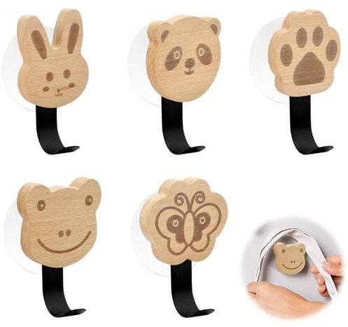 BRISKORE Lot de 5 crochets muraux autocollants en bois pour enfants en forme d'animal, crochets muraux pour enfants, porte-manteau mural, porte-manteau mural, porte-manteau mural, porte-chapeaux,