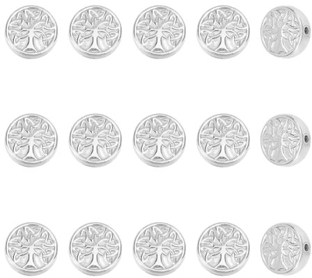 UNICRAFTALE Lot de 15 perles rondes en acier inoxydable avec arbre de vie - Perles d'espacement en métal plates et rondes avec nœud de la trinité - Pour la fabrication de bracelets, colliers, bijoux