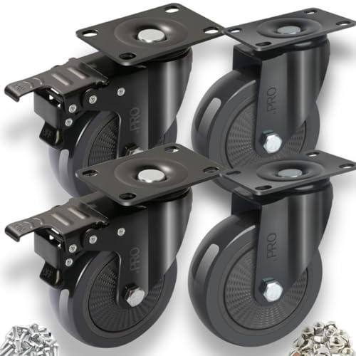 .PRO Ruedas giratorias resistentes de 600 kg y 100 mm (negro) – Ruedas móviles de muebles de resistencia industrial con tornillos, pernos, bloqueo, sin marcas (las 4 ruedas sin frenos)