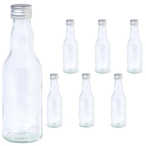 Vitrea 6 leere Glasflaschen 200ml Schraubverschluss Silber - kleine Flaschen zum Befüllen mit Deckel - für Saft, Getränke, Likör, Öl, Saucen, Sirup - 6 Stück, PP28, Kropfhals