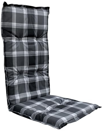 Spetebo Pflegeleichtes Polster für Hochlehner - Karo - Gartenstuhl Auflage grau mit Haltegurt - Sitzkissen Stuhlauflage (Modell 24)
