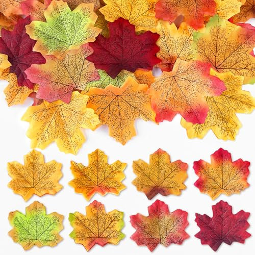 ROLLWAY 400 hojas de otoño decorativas con hojas de arce artificiales para otoño, hojas de arce otoñales de colores para bodas, fiestas de Halloween, día de Acción de Gracias, decoración del hogar,