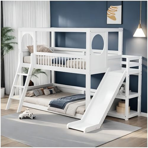 Sapgaks Lit Enfant avec étagères et Toboggan,Lit superposé pour Enfants avec Garde-Corps,lit Double 90x200cm avec sommier à Lattes, lit Enfant Multifonctionnel,Blanc