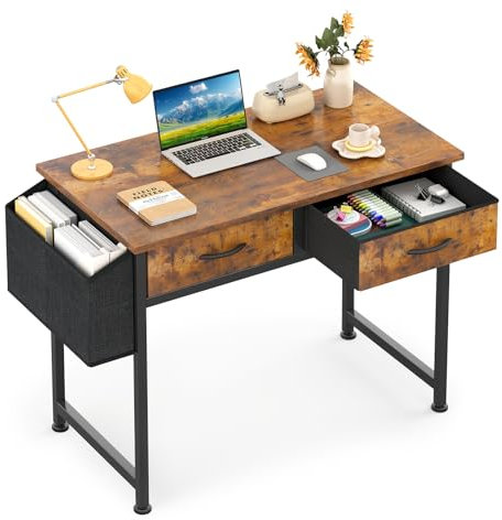 MUTUN Schreibtisch mit Schubladen, Schreibtisch klein mit Seitliche Aufbewahrungstaschen, 80 cm Kleiner Tisch, Computertisch Klein Mini Schreibtischs Tisch Storage Bag, Hook, Vintage Braun