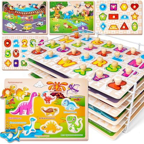 SYNARRY Kinder Holzpuzzle ab 1 2 3 Jahre, 6 Set Steckpuzzle für Babys Kleinkinder, Alphabet Nummer Tier Dinosaurier Fahrzeuge Montessori Lernspielzeug Geschenke