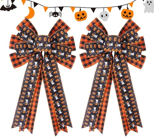 Pcingsia Halloween-Schleifen, 2 x Halloween-Kranz mit Draht, Kürbis-Spinnennetz-Geisterkranz, Ornament, 48 x 24 cm, Halloween-Partyzubehör, Kranz-Dekorationen