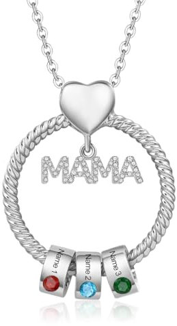 Kette Damen Geschenke für Mama - Personalisierte MAMA Kette mit 1–5 Namen Halskette Schmuck Charms Anhänger für Mutter Tochter Weihnachten Muttertag Geburtstag (Silber-3 Namen 3 Geburtssteine)