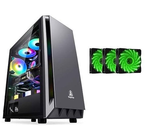 Computer Case Tempered Glass Mid-Tower ATX Case - Compatible With ATX Motherboard - High-Airflow - Cable Management System - USB 3.0 - Includes Green 15 Light Fan(Black,8 fans)